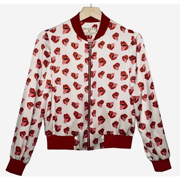 Alice + Olivia x Donald Robertson Lonnie Lips Silk Bomber Jacket Womens XS $495 - Picture 1 of 10